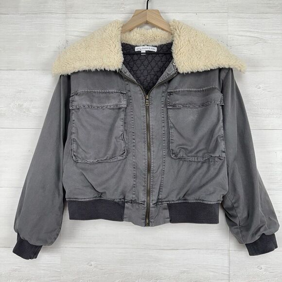 Revolve Young Fabulous & Broke Crop Jacket Women L Earhart Gray Sherpa Collar - Picture 2 of 16